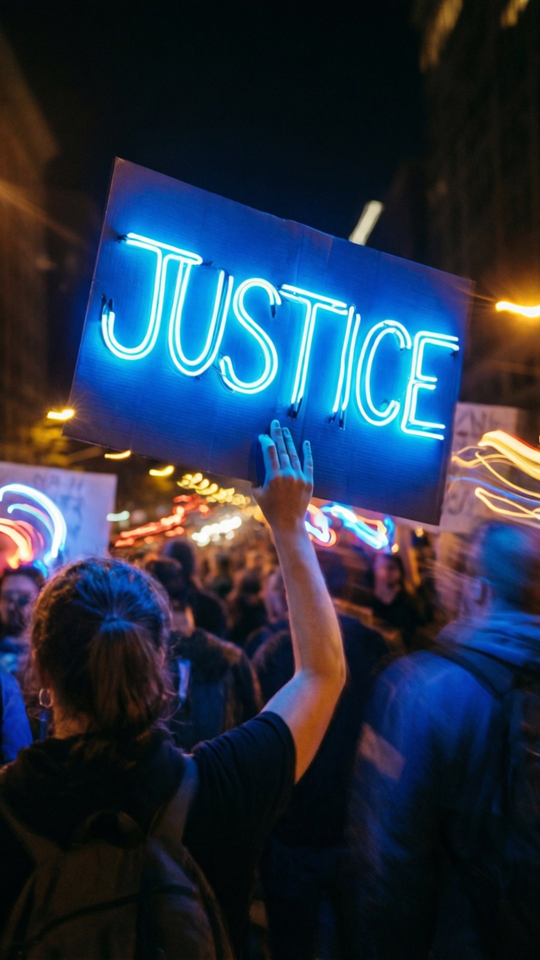 正義之夜巡行 壁紙 — 一名人士在夜間抗議活動中高舉發光的藍色霓虹標誌，上面寫着 justice，背景是模糊的人群和燈光。