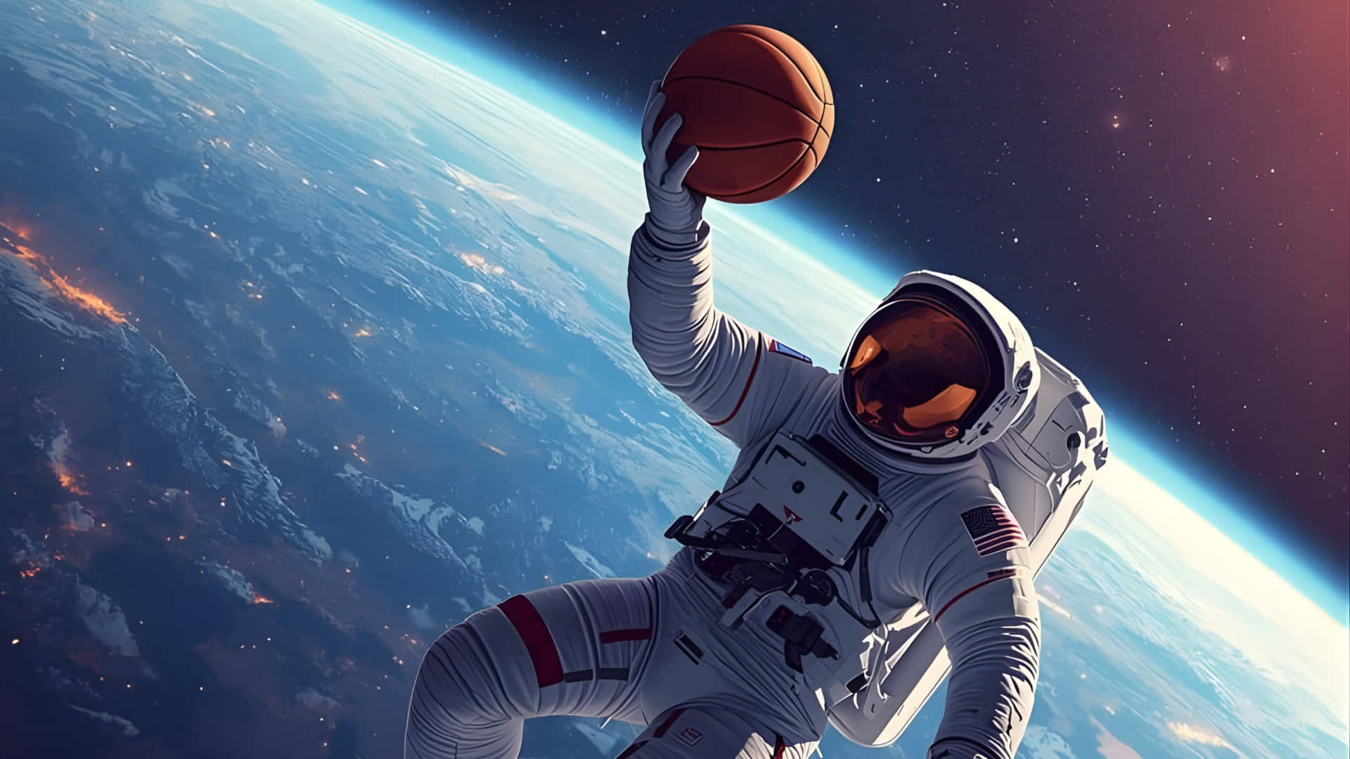  壁紙 — 一名身穿白色太空衣的太空人在星空下，於地球彎曲的藍色地平線上方高舉一個籃球。