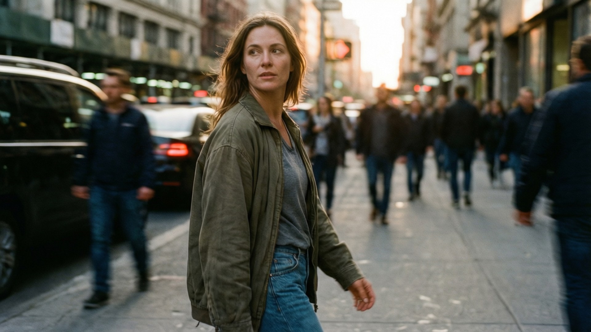 Antje Traue 桌布 壁紙 — 一名身穿綠色外套的女子在繁忙的城市街道上沉思漫步，金色的夕陽光芒沐浴著都市景象。