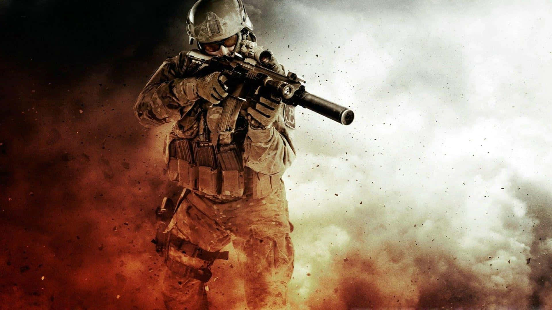  壁紙 — 一名身穿全套戰鬥裝備的士兵在煙霧和火焰中瞄準步槍，呈現戲劇性的戰場場景。