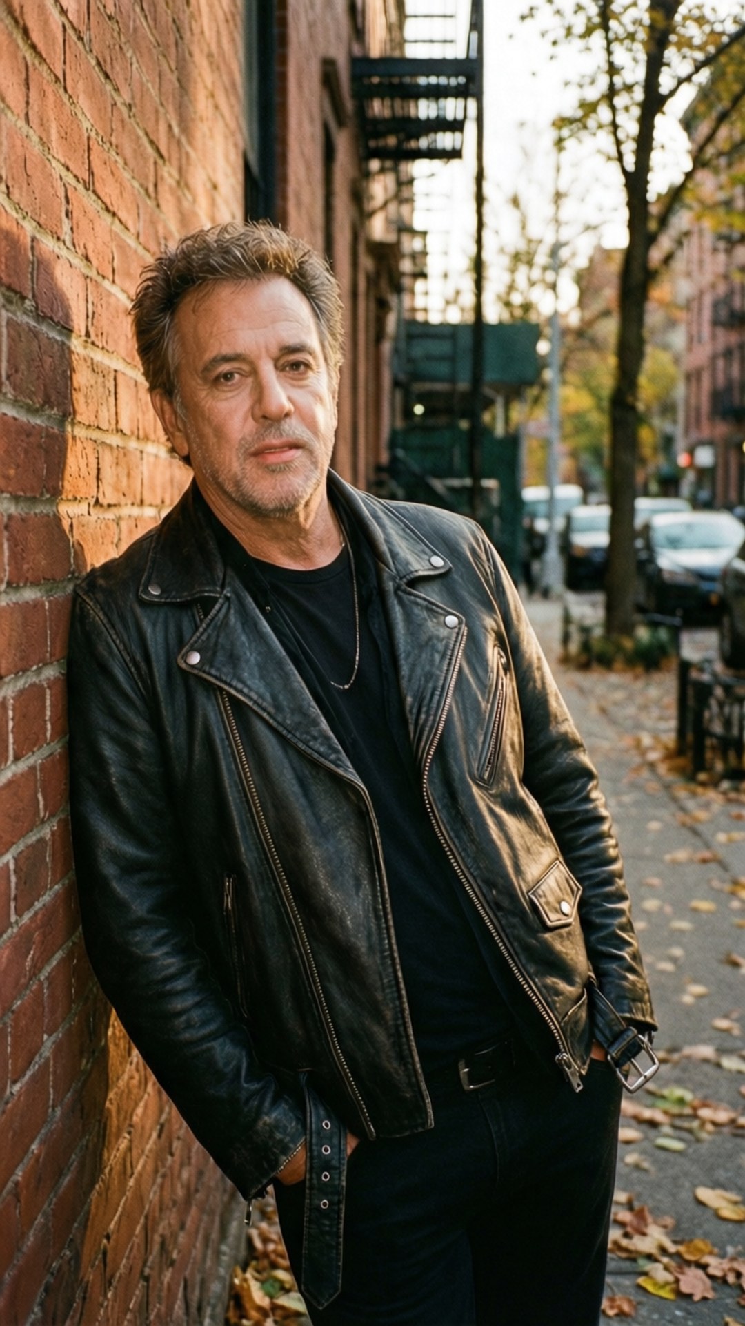 Billy Joel 桌布 壁紙 — 一名身穿黑色皮褸的男子，在鋪滿落葉的都市行人路上，靠著被溫暖金色光線沐浴的紅磚牆。