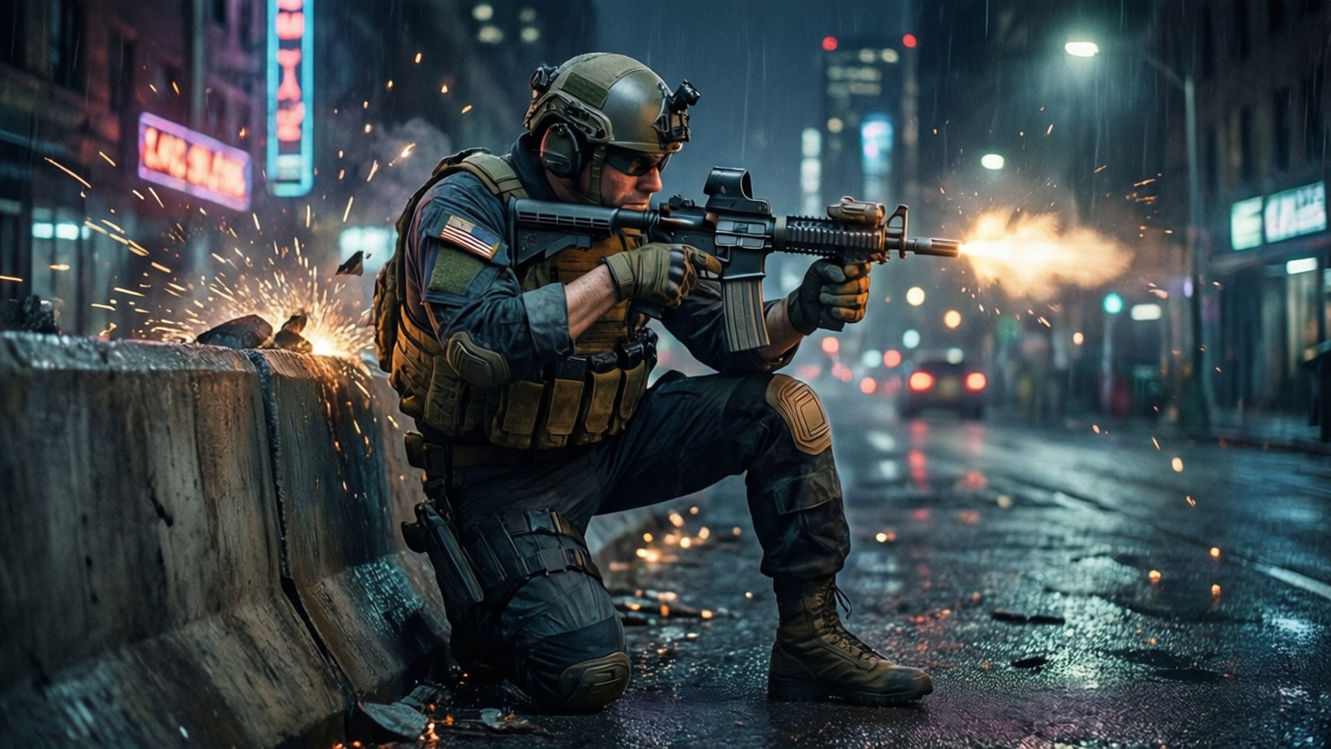 士兵在雨中的霓虹燈城市街道上開槍射擊（夜晚）