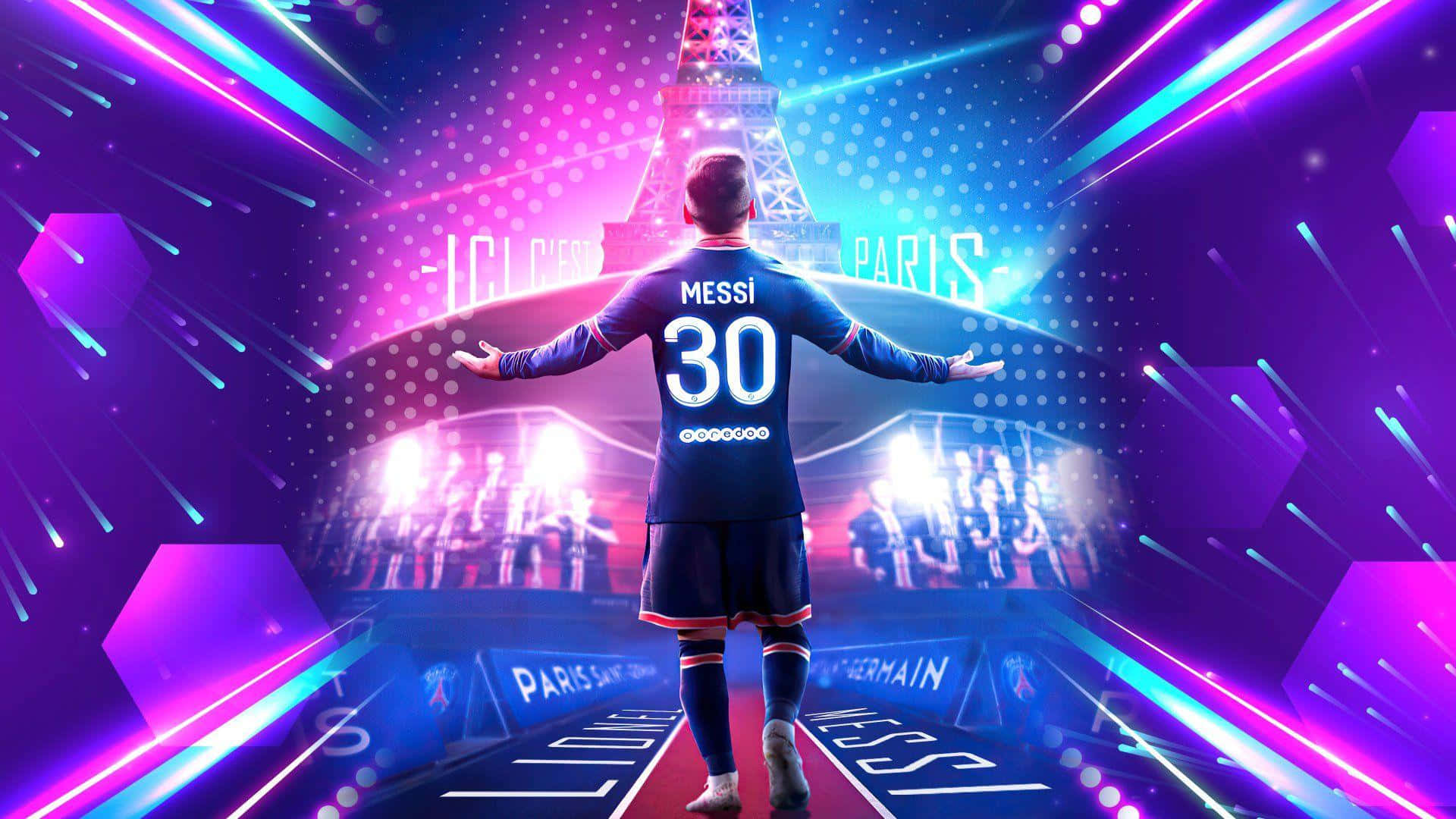 Messi 2022 桌布 壁紙 — 一名身穿巴黎聖日耳曼球衣的足球運動員在霓虹燈下張開雙臂面向艾菲爾鐵塔。