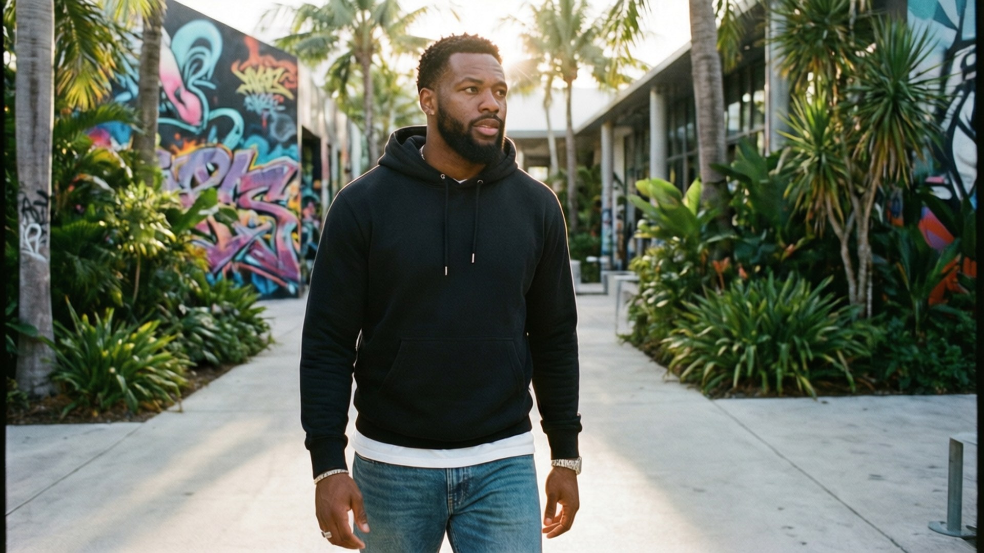 Miami Streets 壁紙 — 一名身穿黑色連帽衫的男子自信地走在陽光普照的城市人行道上，兩旁種滿棕櫚樹和色彩繽紛的塗鴉壁畫。