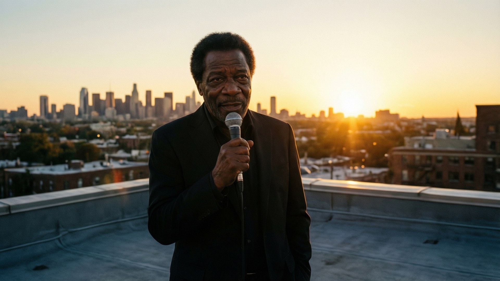 Al Green Rooftop Sunset 壁紙 — 一名身穿黑色西裝的男子在天台上拿著麥克風，夕陽在城市天際線後落下。