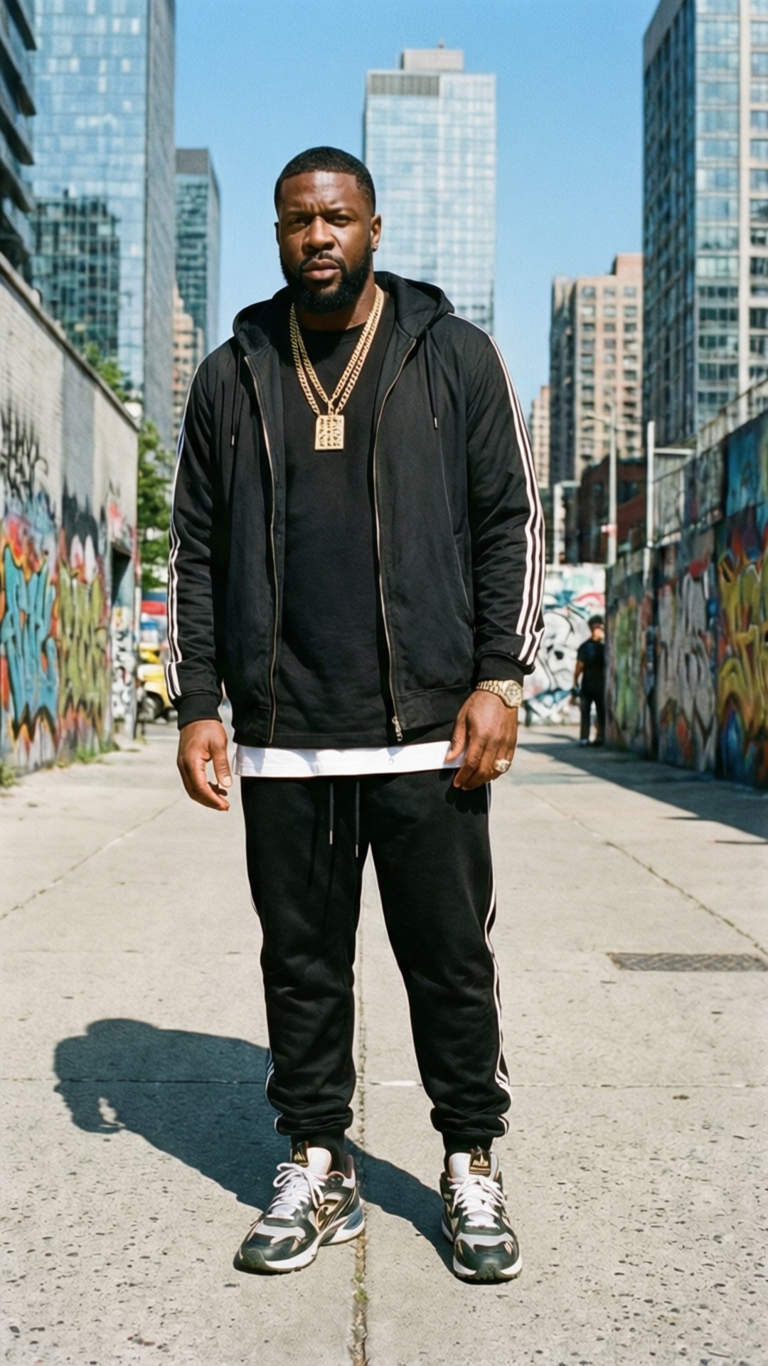 Deontay Wilder 桌布 壁紙 — 一名身穿黑色運動服、戴著金鏈的男子，在明亮的日光下，自信地站在高聳玻璃摩天大樓之間一條佈滿塗鴉的城市小巷中。