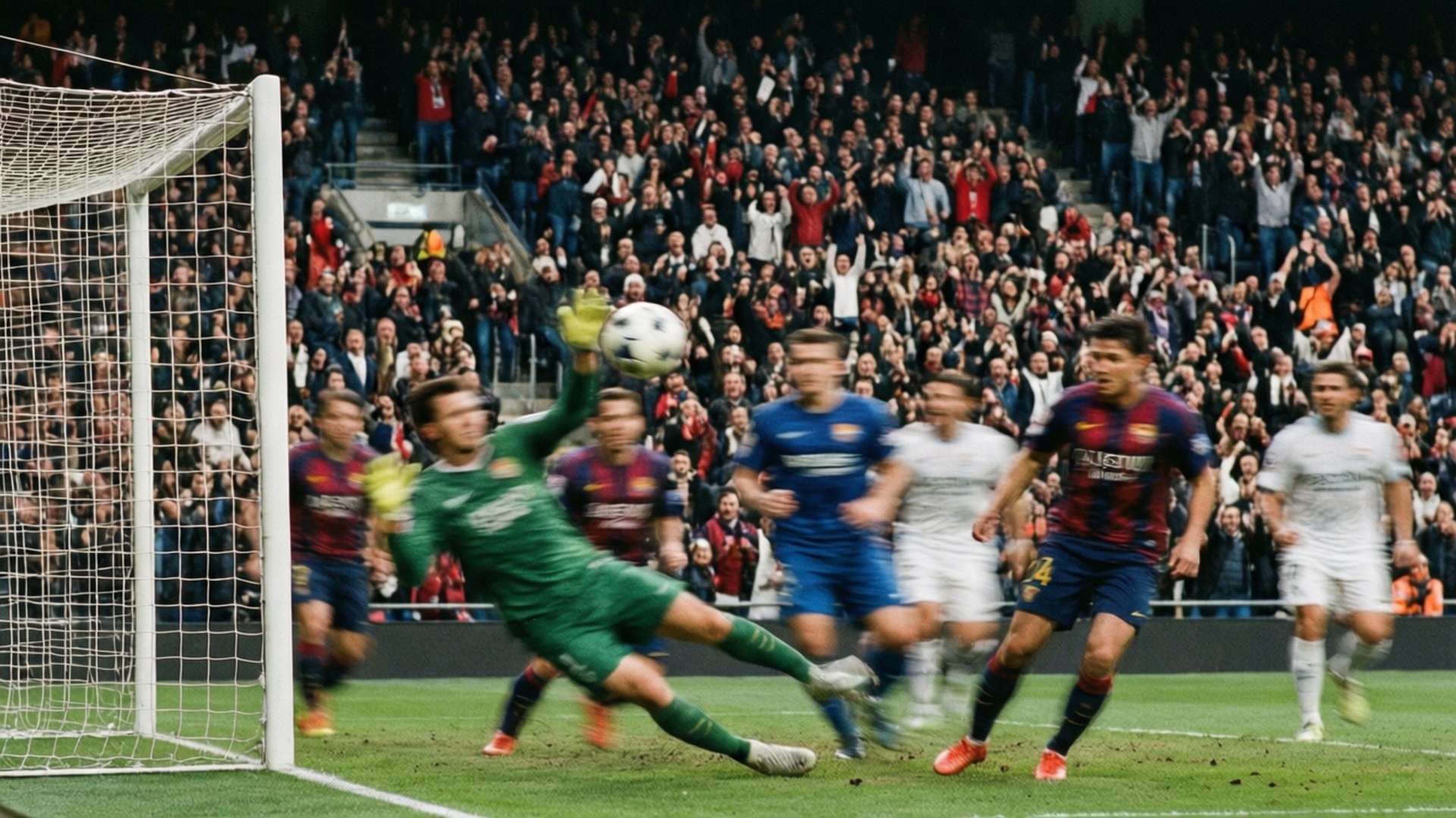 Action in a Crowded Stadium 壁紙 — 一名身穿綠色球衣的足球守門員飛身撲救，球員和座無虛席的觀眾緊張地觀看。