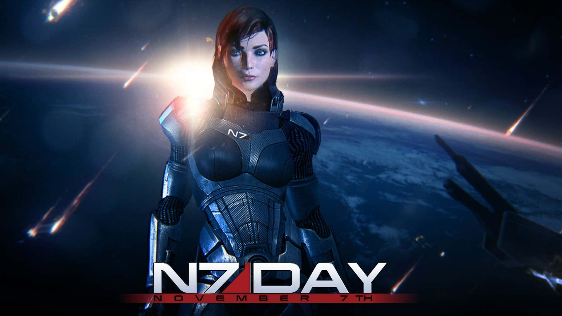 Mass Effect Legendary Edition 桌布 壁紙 — 一名身穿N7裝甲的女兵站在發光的星域前，背景是地球。