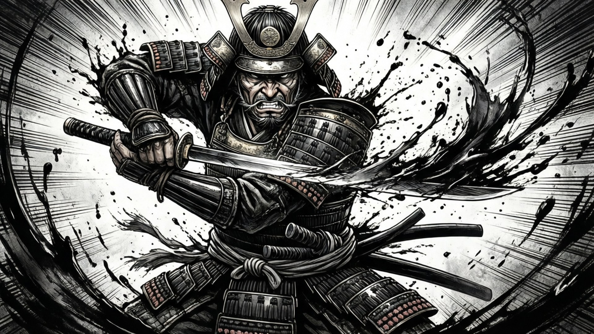 1920x1080 Manga 桌布 壁紙 — 一名身穿全副盔甲的兇猛武士，在純白背景上揮劍，伴隨動態墨跡和動作線條。