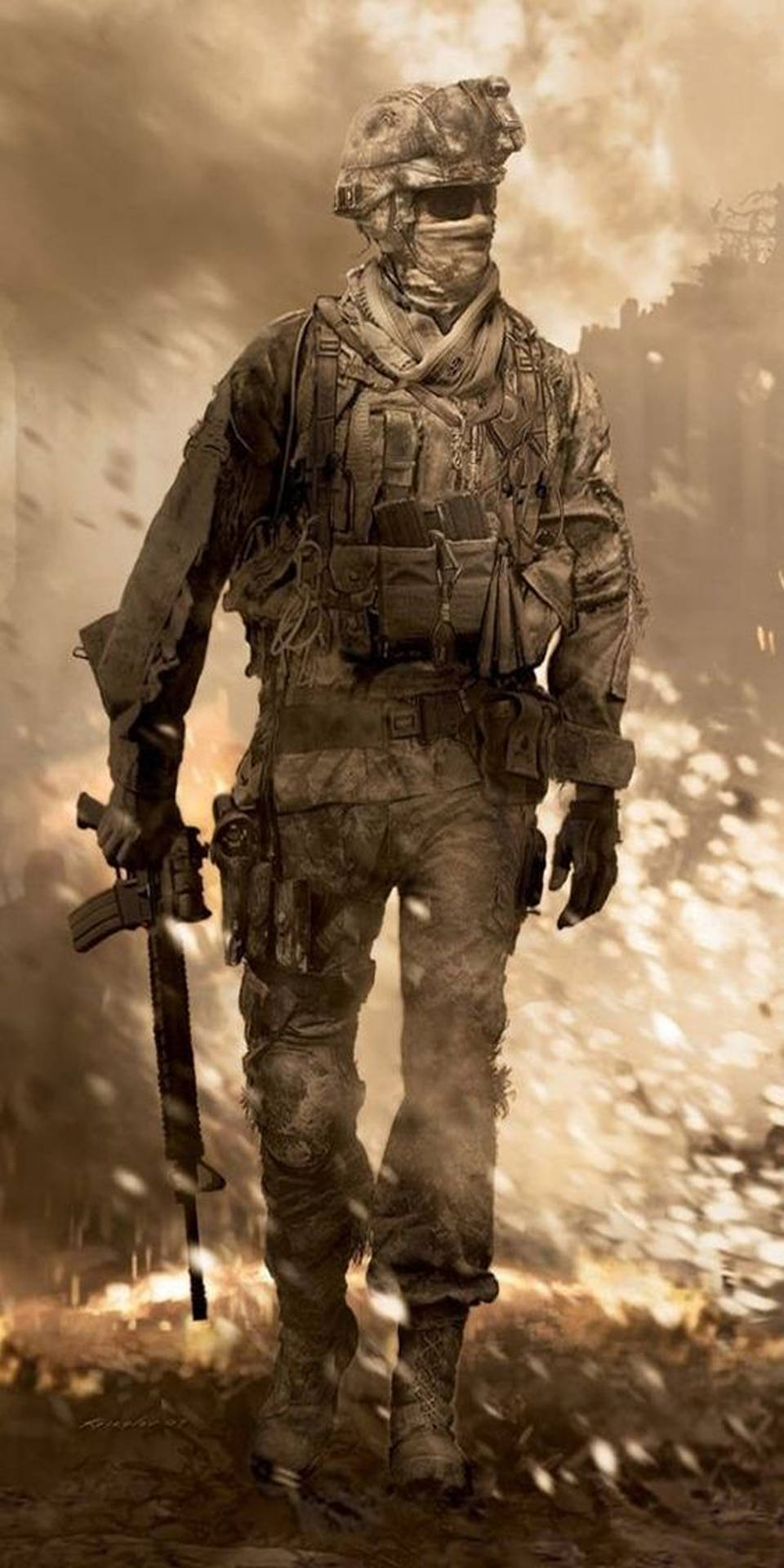一名全副武裝的士兵走過塵土飛揚的戰區。