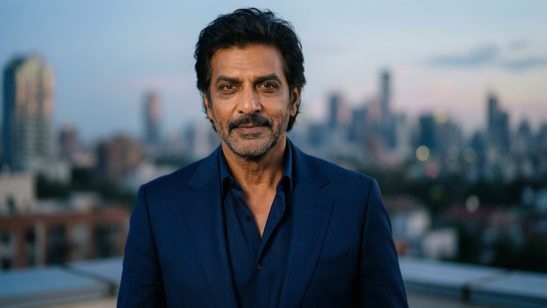 Irrfan Khan 桌布 壁紙 — 一名身穿深藍色西裝的男子在黃昏時分自信地站在模糊的城市天際線前。