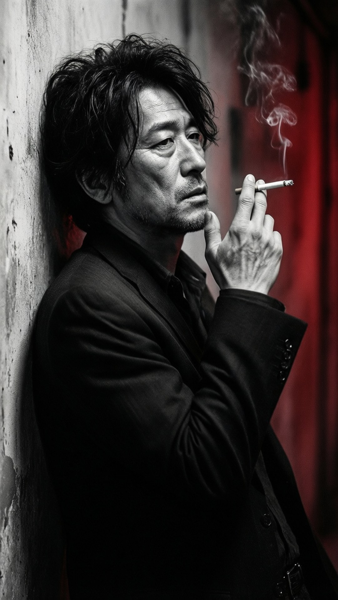 穿西裝男子在紅色背景的紋理牆前吸煙。
