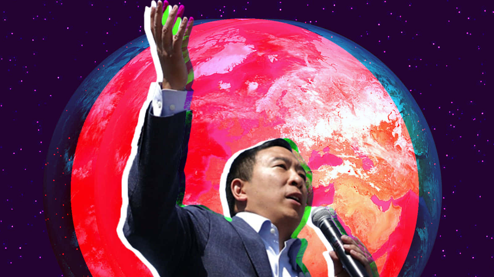 政治 桌布 壁紙 — 一名身穿西裝的男子對著咪高峰說話，背景是風格化的紅色星球和星星。