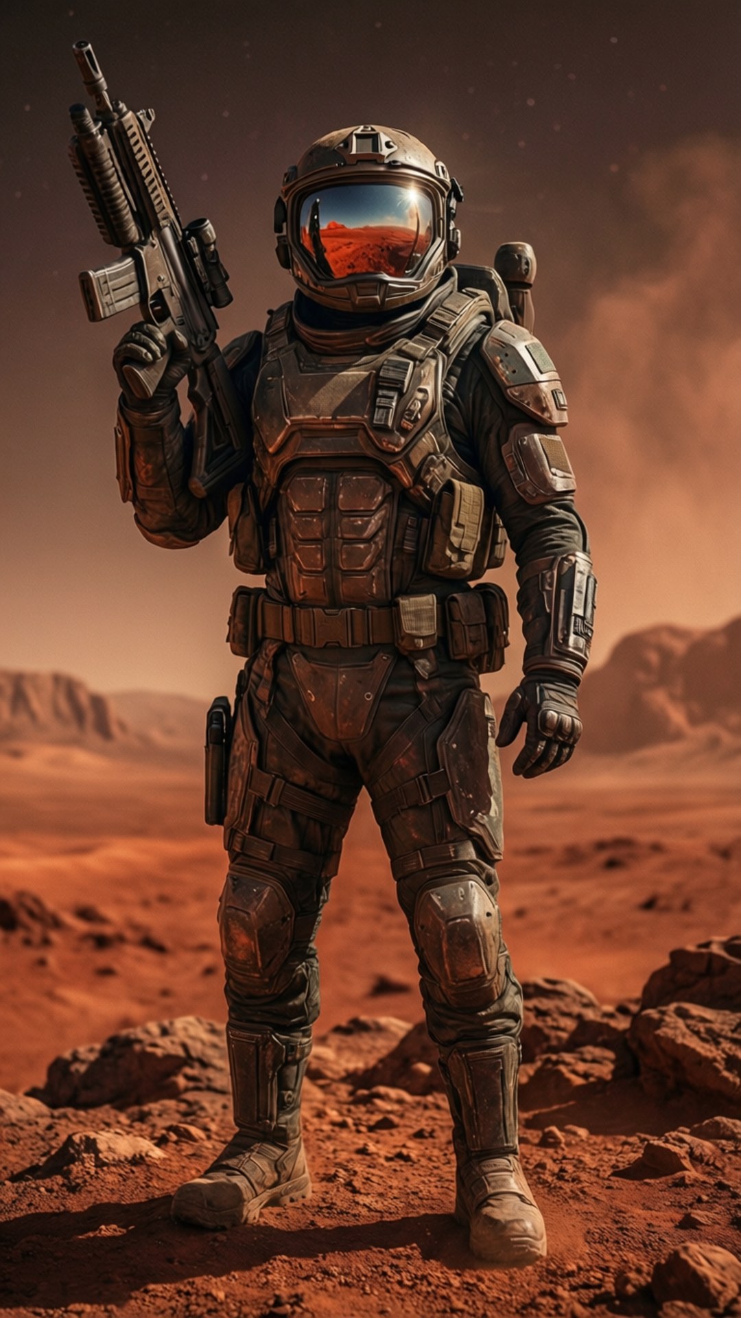 the expanse 桌布 壁紙 — 一名身穿重型盔甲的士兵站在紅色外星行星上，手持步槍，背景是塵土飛揚的橙色天空。