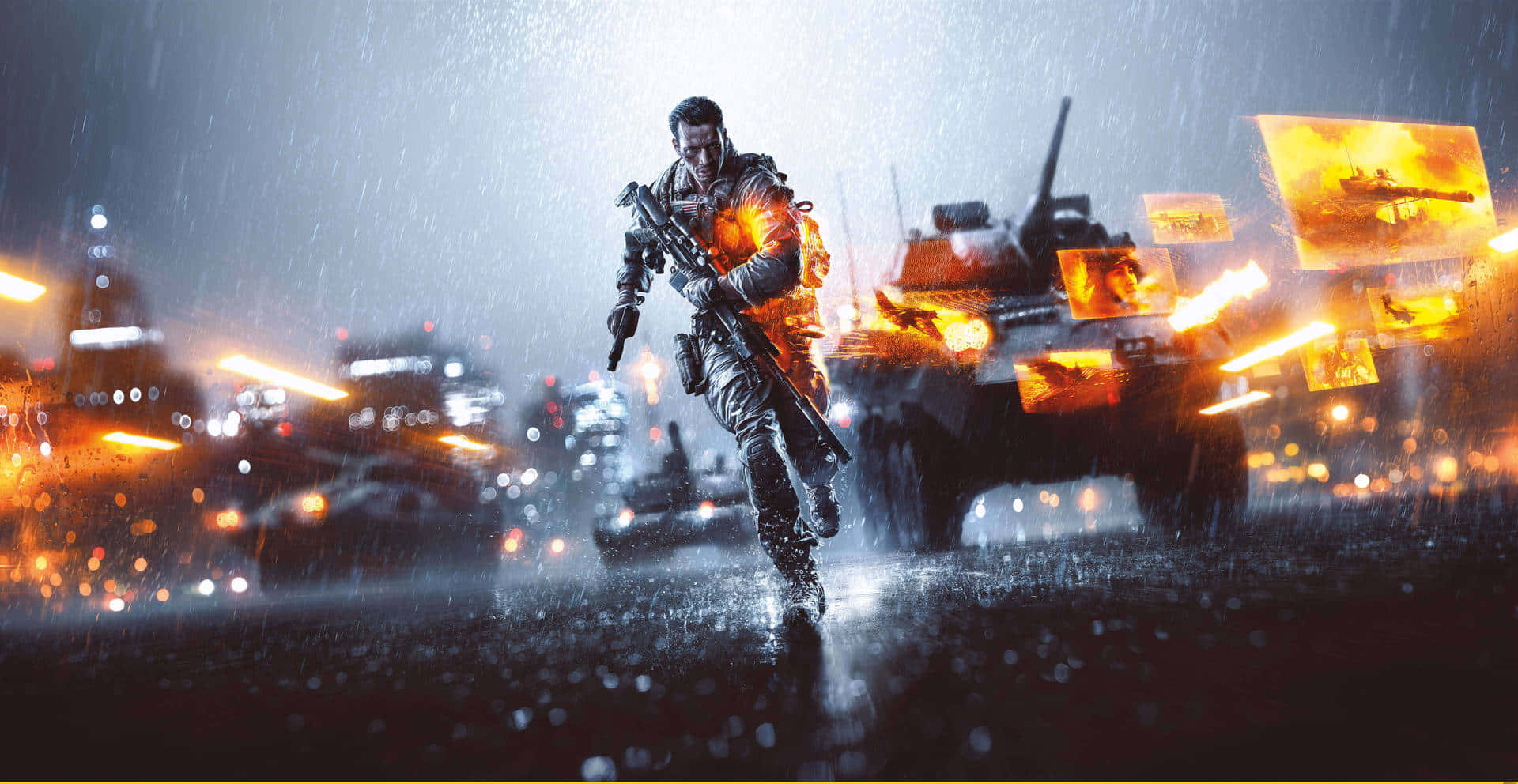 Battlefield 桌布 壁紙 — 一名士兵在雨水浸濕的城市戰場中奔跑，背景有燃燒的坦克和發光的爆炸。
