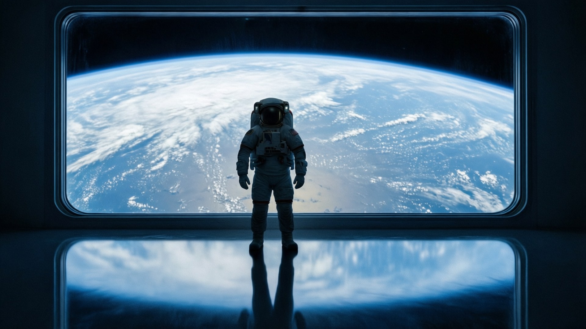 Earth View 壁紙 — 一名太空人站在太空船內，透過有反射地板的窗戶凝視地球藍白相間的彎曲地平線。