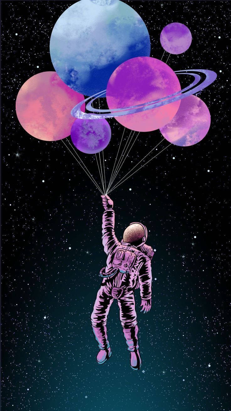 太空人在太空漂浮，手持繩子連接到彩色行星。