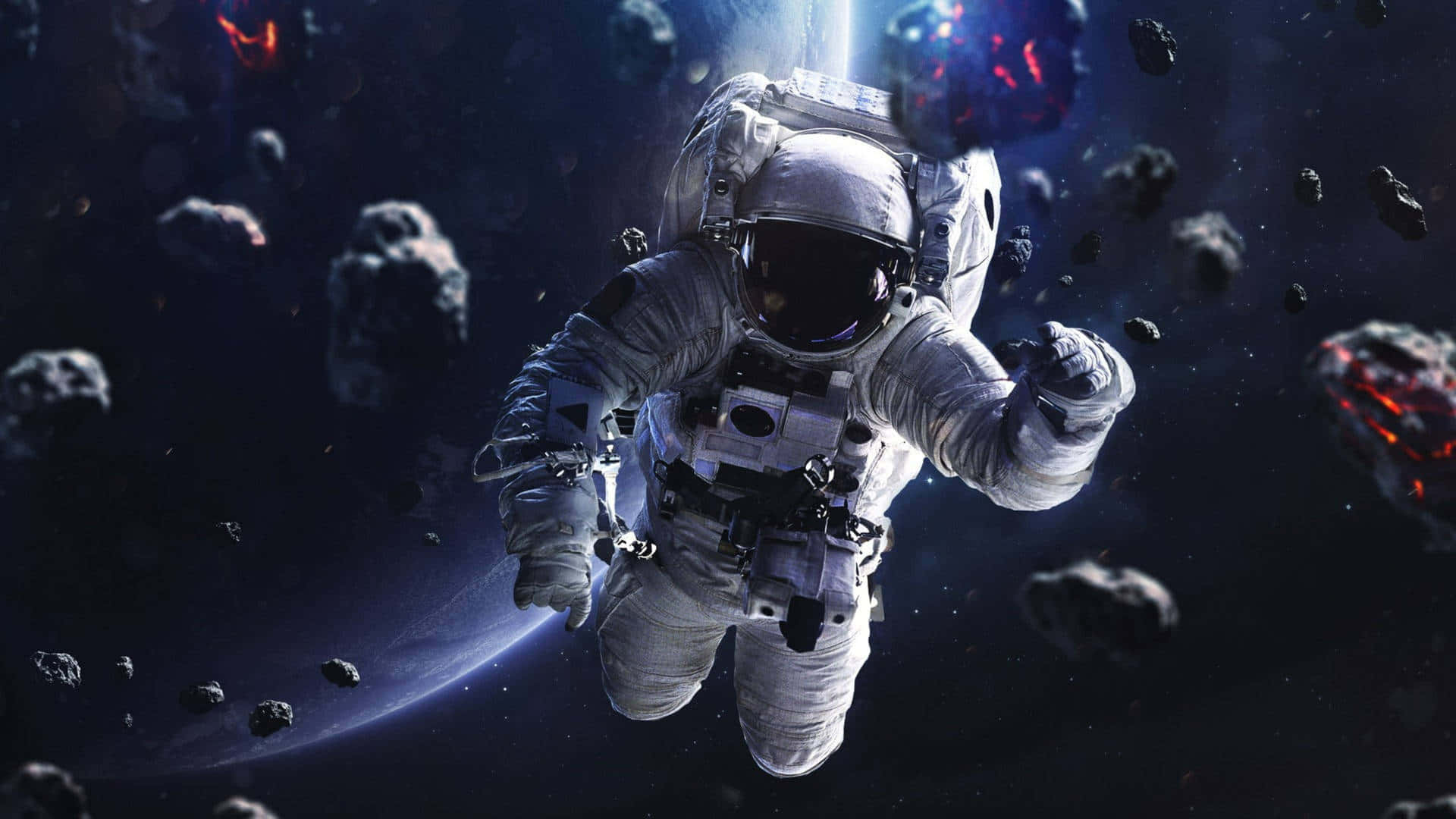 Latest 桌布 壁紙 — 一名太空人在零重力下漂浮，周圍是發光的小行星和一顆遙遠的星球，身處深空之中。
