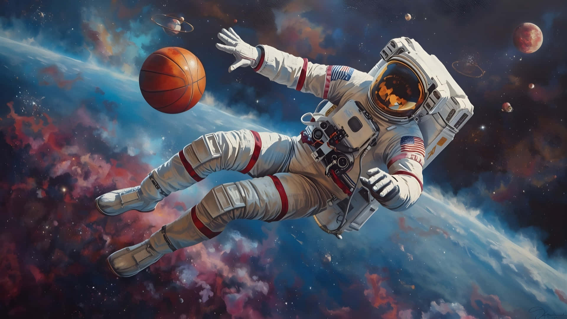  壁紙 — 一名太空人在太空漂浮，伸手去拿一個籃球，背景是充滿行星和星雲的鮮豔宇宙場景。