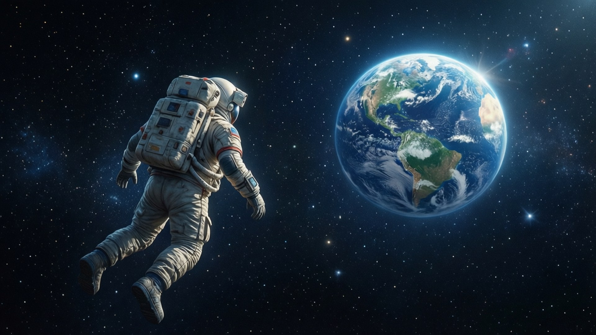 Lone Astronaut Over Earth 壁紙 — 一名太空人在太空中漂浮，背後地球發光，星星在宇宙虛空中閃爍。