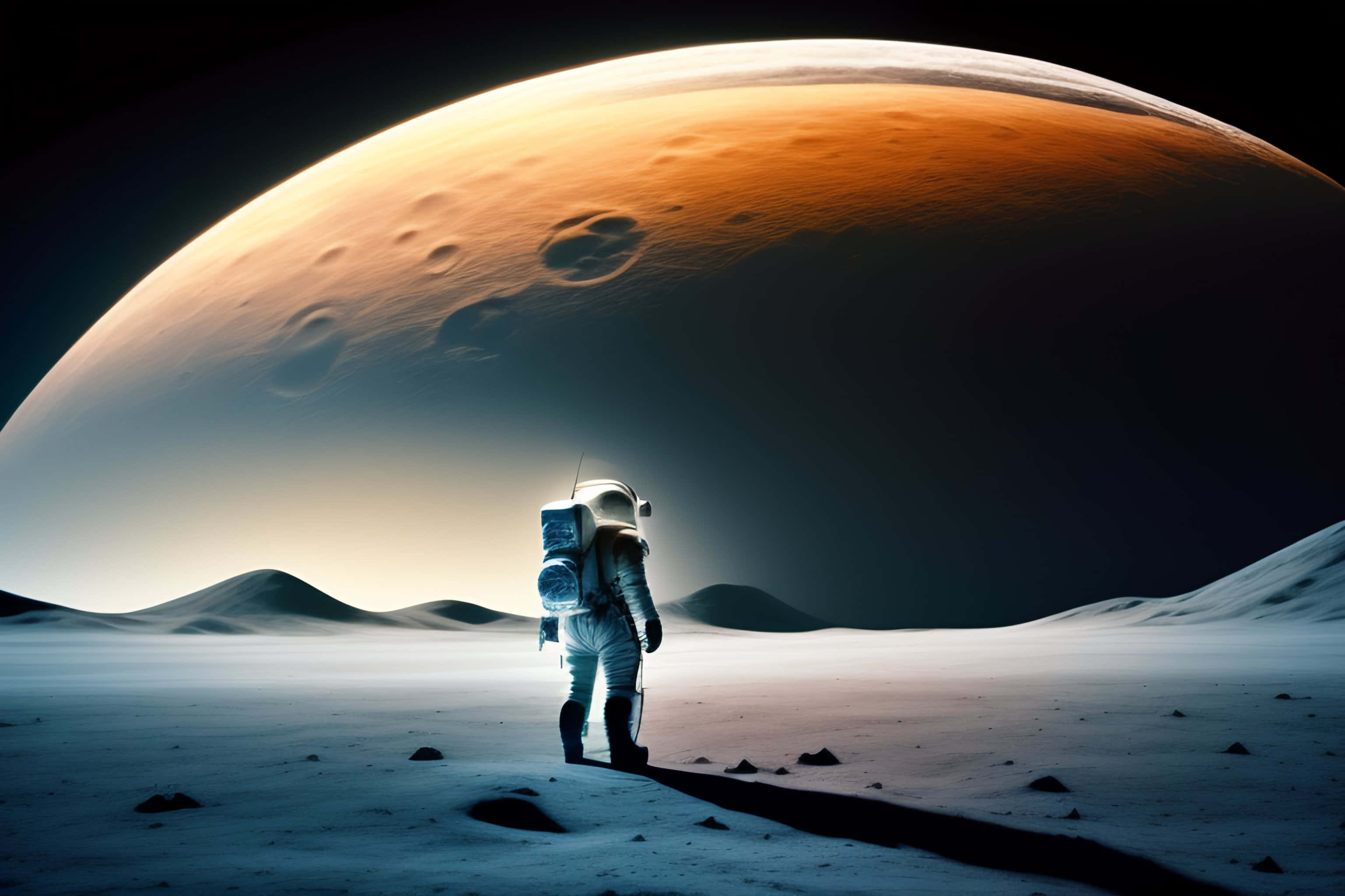 Neil Armstrong 桌布 壁紙 — 一名太空人在天空中一顆巨大的橙色行星下，獨自走在貧瘠的外星行星上。