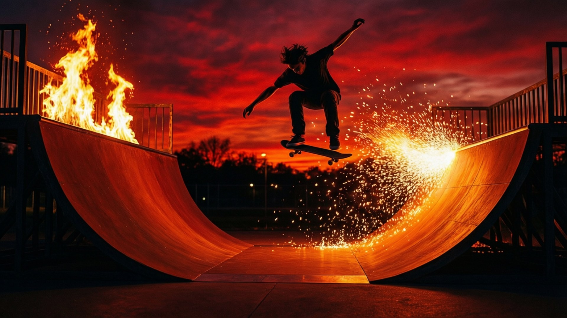 Ramp of Fire 壁紙 — 一名滑板手在日落時分飛越火焰坡道，火花四濺，天空呈現戲劇性的紅色。