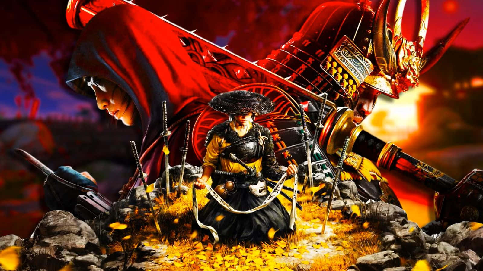  壁紙 — 一名武士跪在金黃色的落葉中，一個身穿紅袍的身影和一個身穿鎧甲的惡魔在火紅的暮色中籠罩著他。
