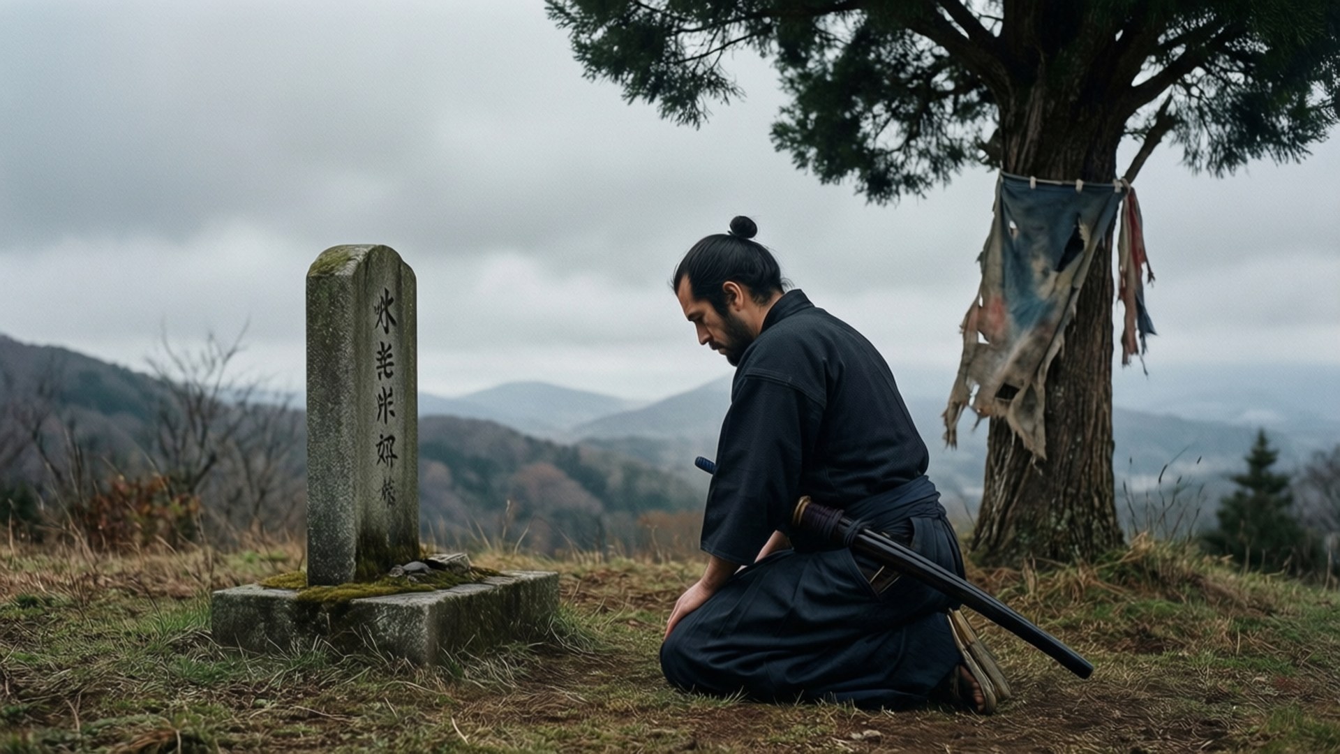 Ronin 桌布 壁紙 — 一名武士在陰天、遠山背景下，於風化的石碑旁莊嚴跪地祈禱。