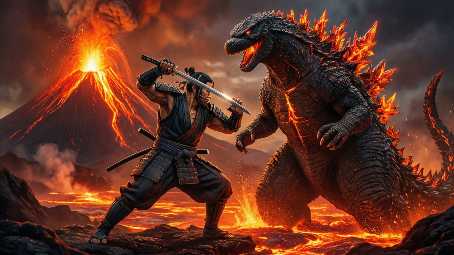 武士在熔岩和煙霧的火山地形中與哥斯拉戰鬥。