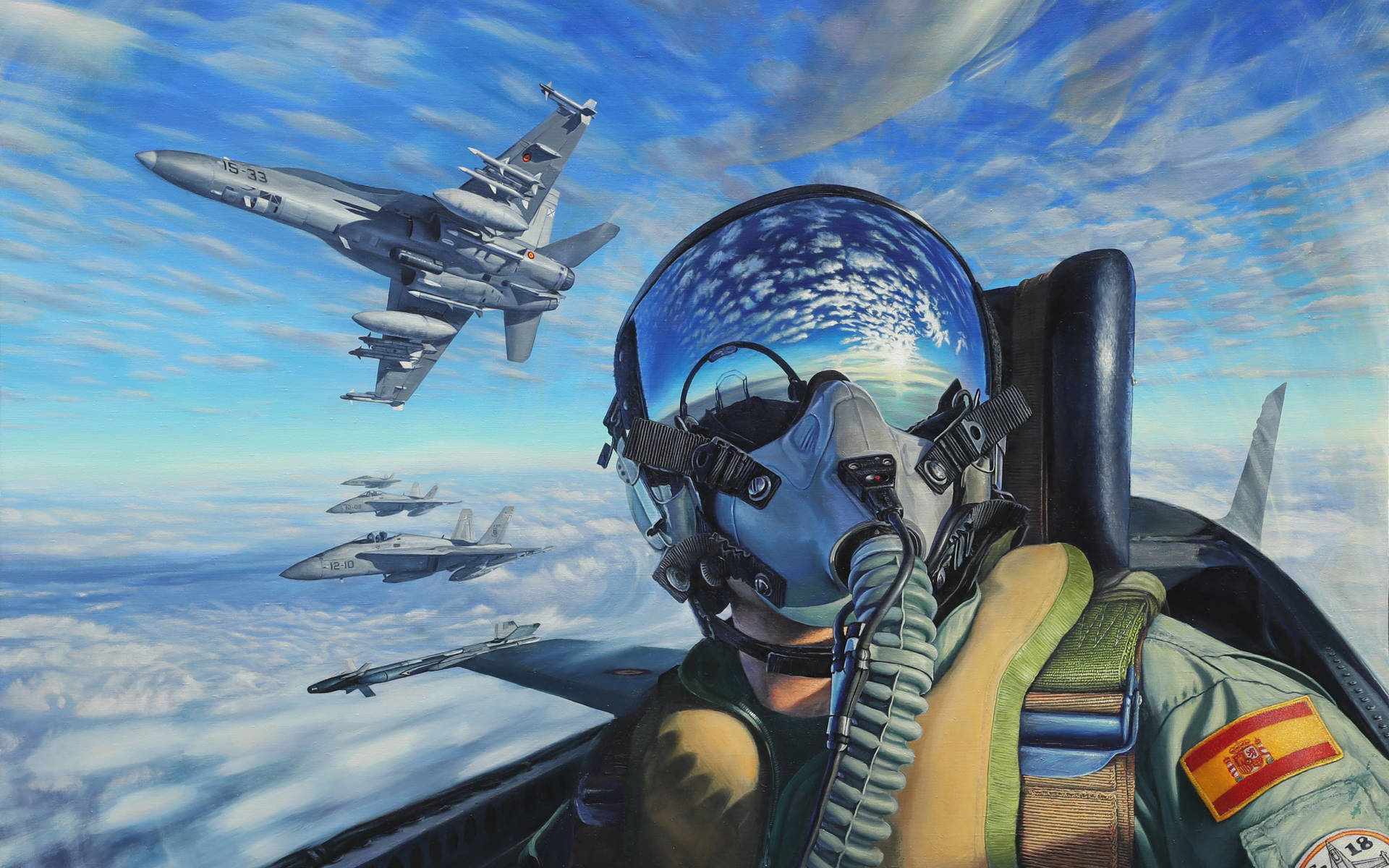 飛行員在駕駛艙駕駛戰鬥機編隊飛越雲層