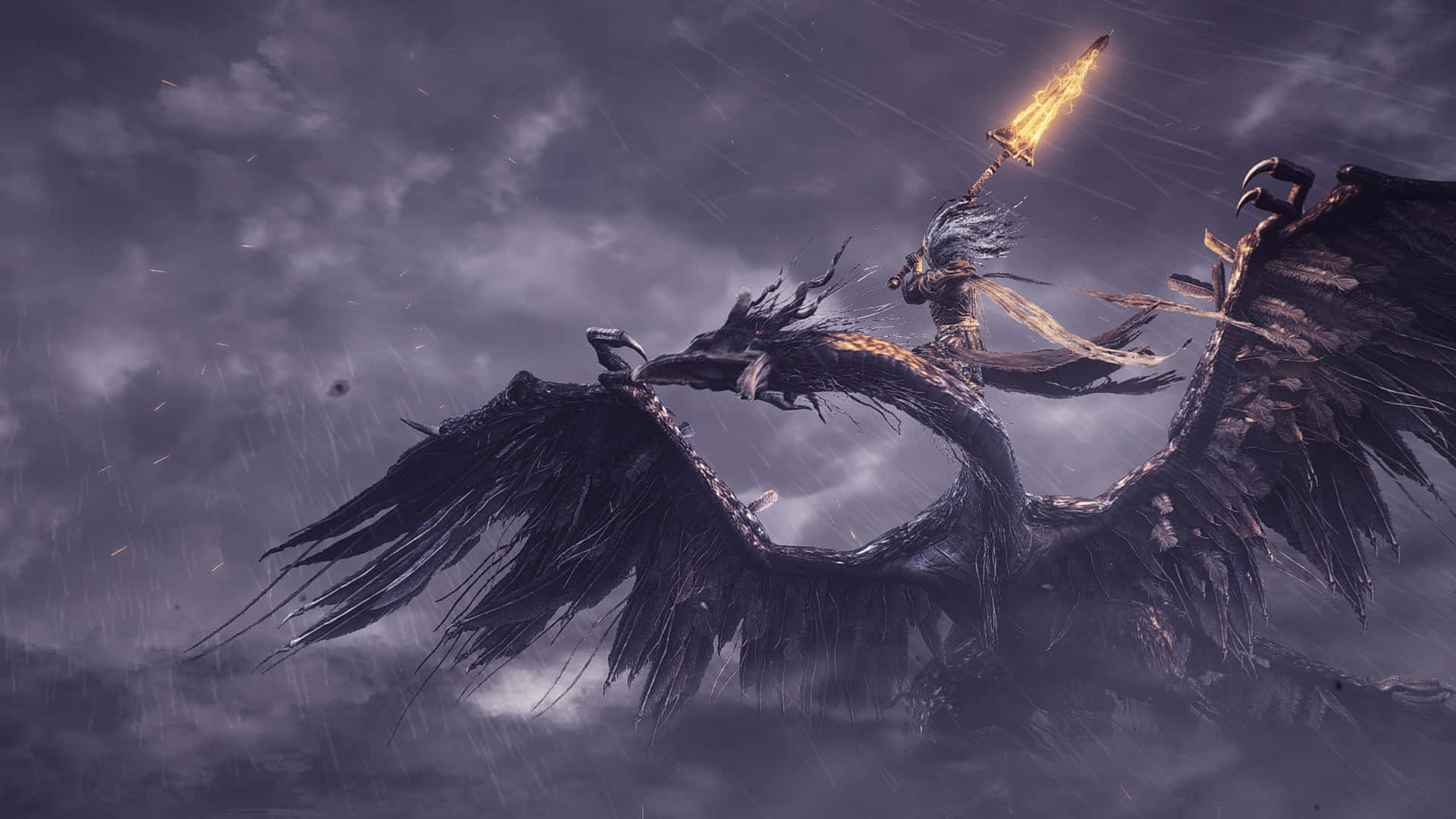  壁紙 — 一名戰士騎著巨大的黑龍穿過暴風雨的天空，揮舞著發光的劍。