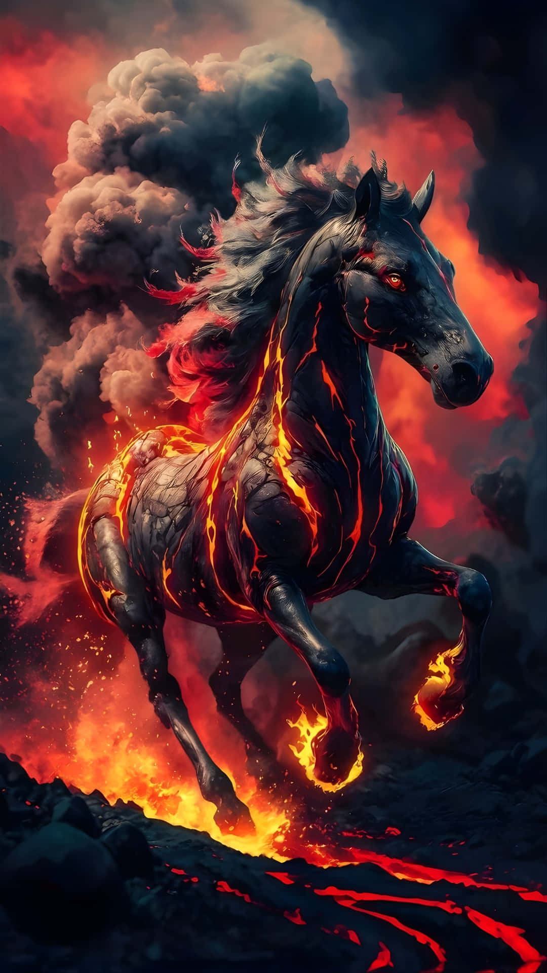  壁紙 — 一匹帶有發光熔岩紋理的黑色駿馬，在煙霧瀰漫的熾熱火山景觀中奔騰。