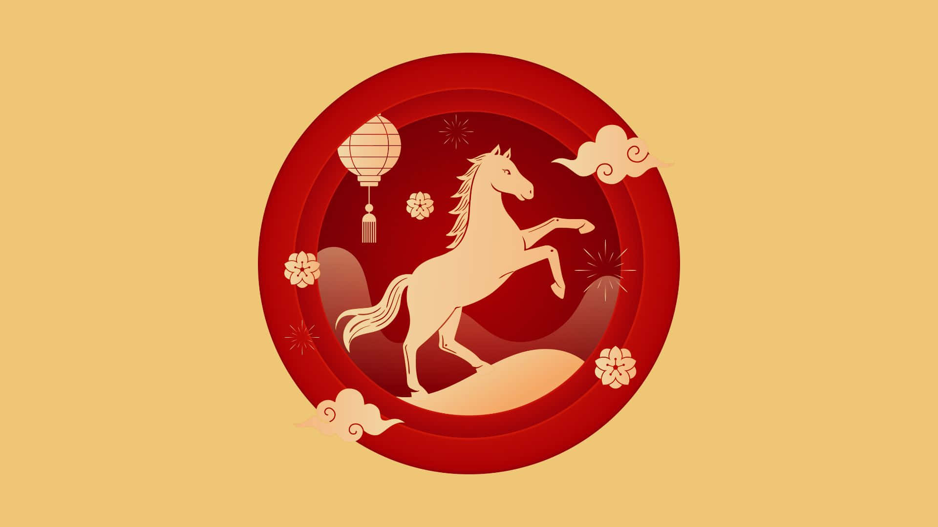  壁紙 — 一匹風格化的白馬在一個分層的紅色圓形框架內跳躍，框架上裝飾著燈籠、花朵和雲朵，背景是溫暖的黃色。