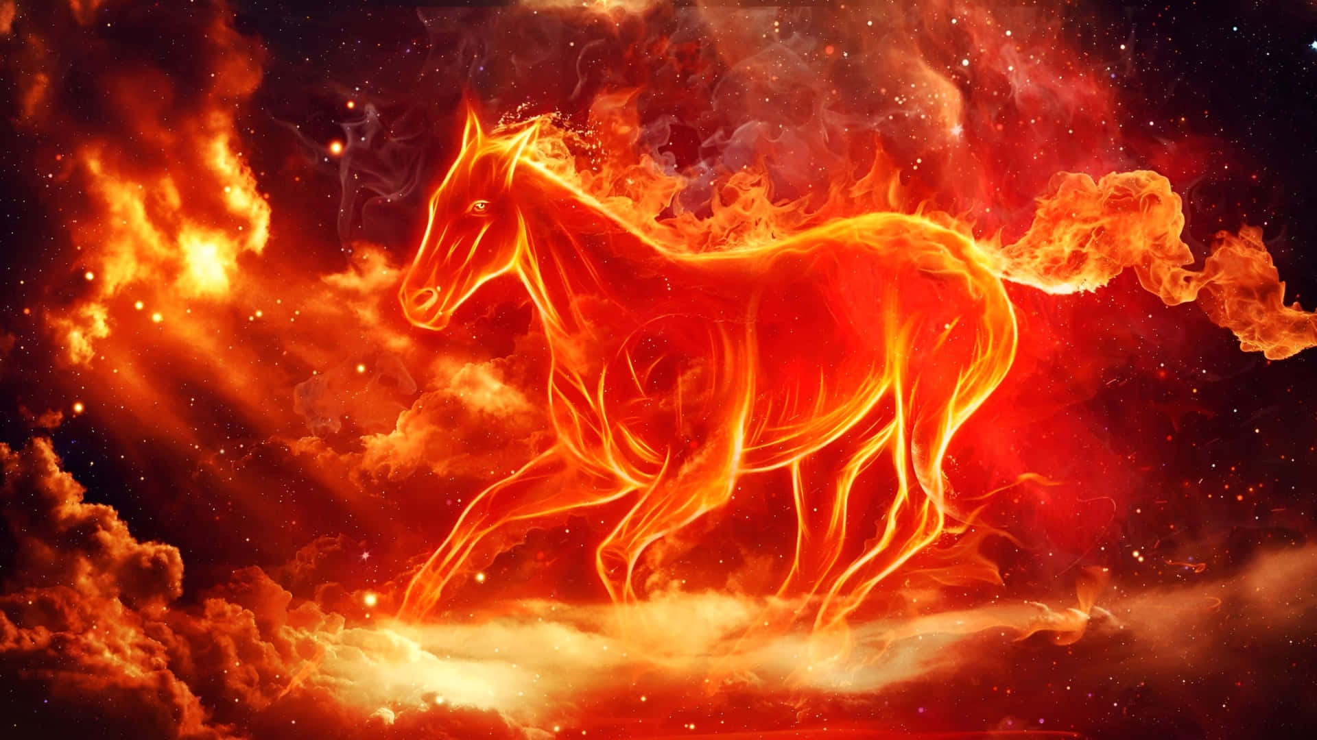  壁紙 — 一匹火馬在星光熠熠的夜空背景下，奔騰穿過由發光的橙色和紅色雲朵組成的宇宙星雲。