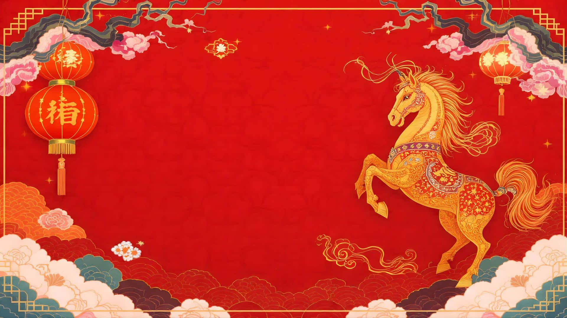  壁紙 — 一匹金色華麗的駿馬在紅雲和燈籠中昂首挺立，呈現喜慶的中國新年插圖。