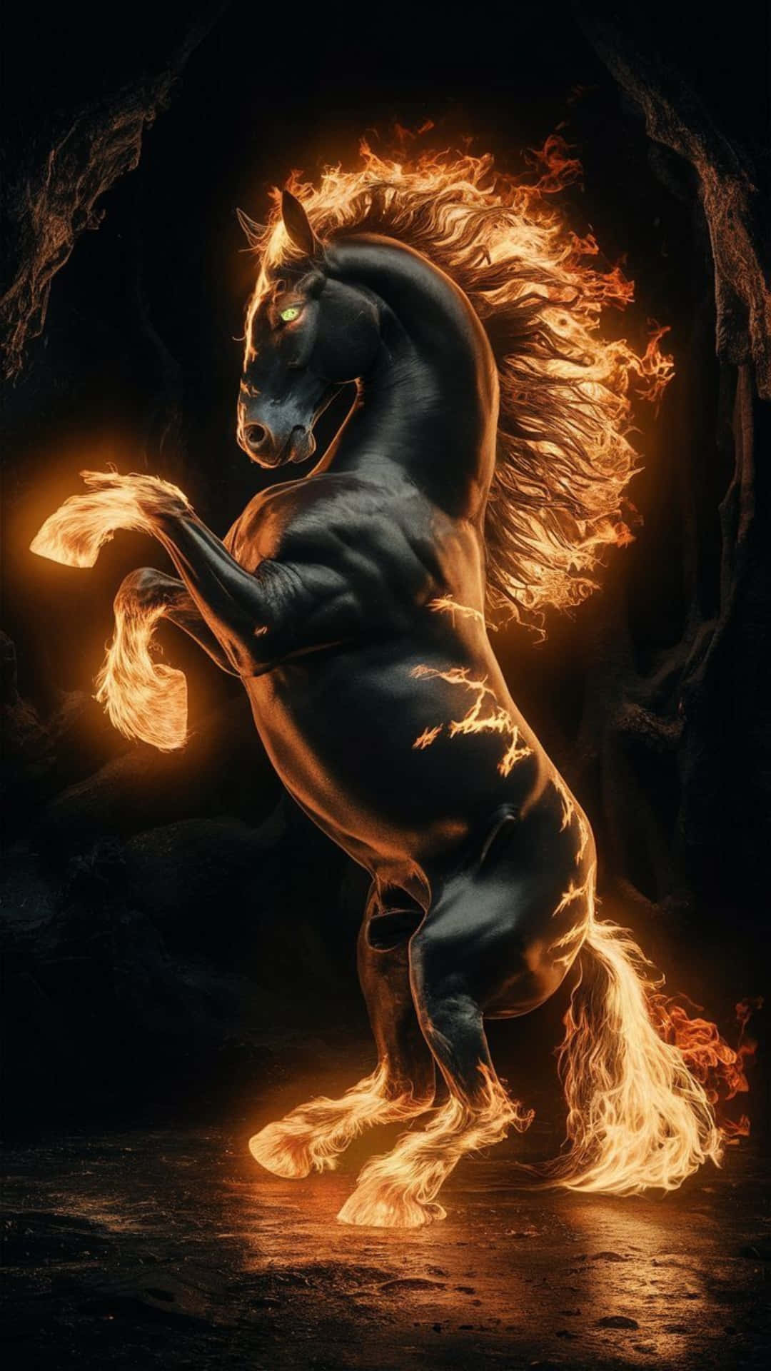  壁紙 — 一匹雄偉的黑馬在黑暗的洞穴中揚起，熾熱的橙色火焰吞噬著它的鬃毛、尾巴和蹄子，在濕石上投射出閃爍的倒影。