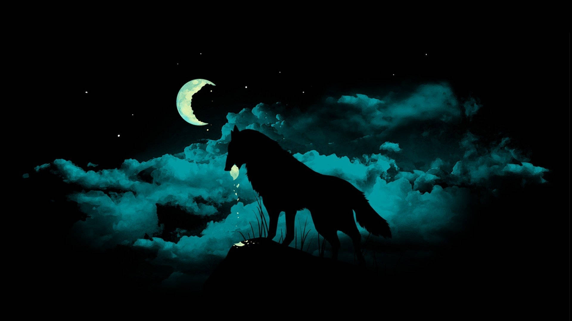 夜晚在青綠色雲層下對月嚎叫的狼
