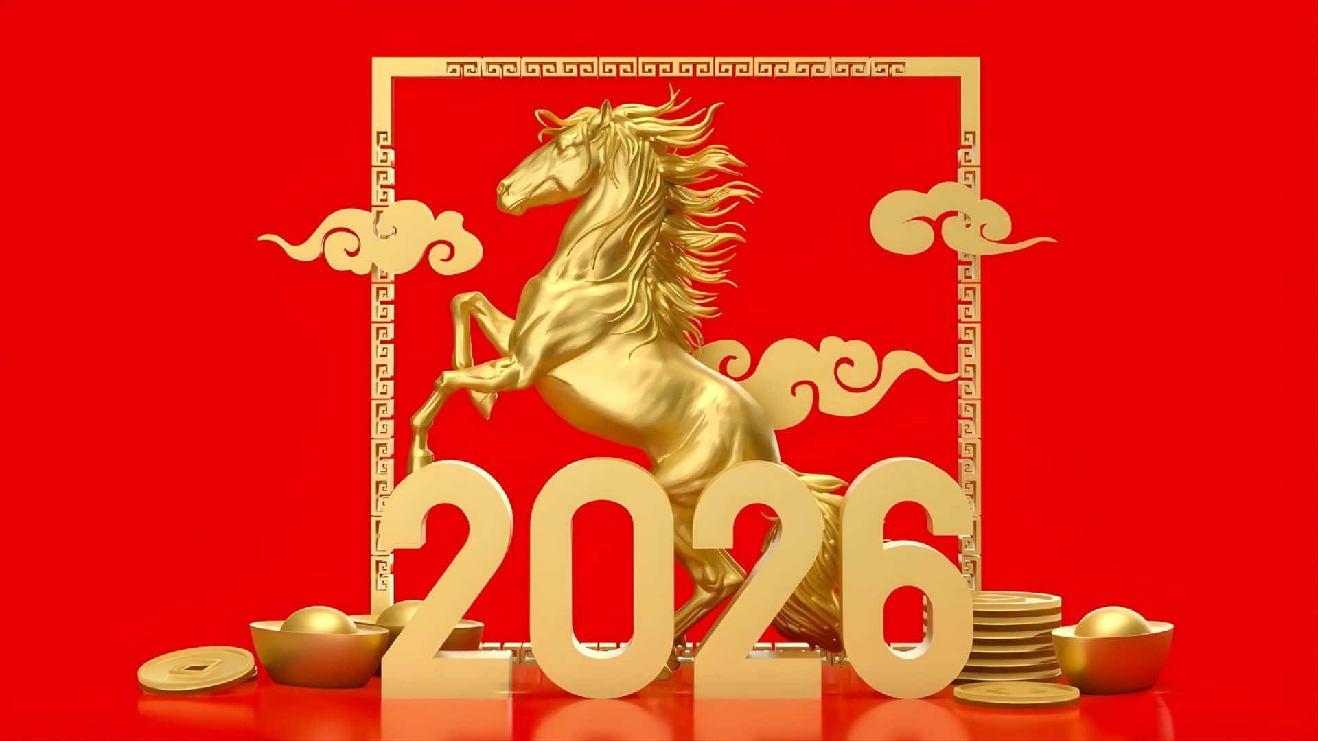  壁紙 — 一匹金色馬匹勝利地躍過2026年，背景是鮮紅色，飾有傳統中國圖案和金幣。