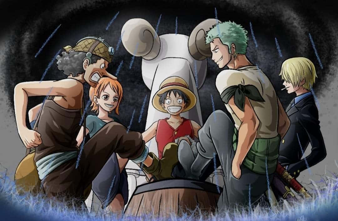 動漫海盜在雨中田野聚集在一條巨鯨下方。
