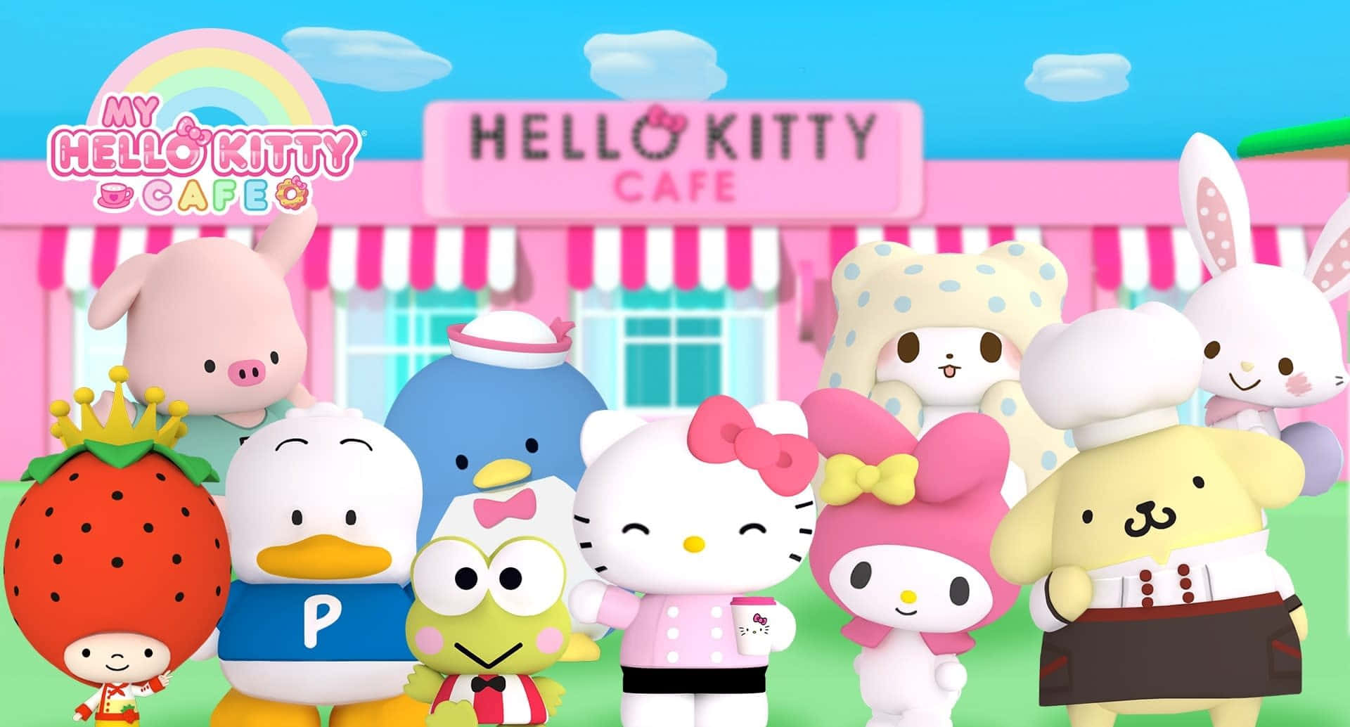 Hello Kitty And Friends 桌布 壁紙 — 一群開心的Sanrio角色在晴朗藍天下聚集在粉紅色的Hello Kitty Cafe外面。