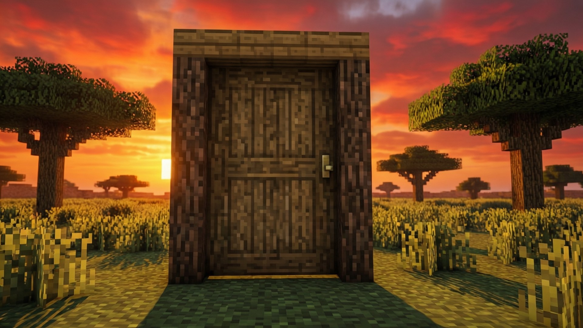 夕陽下Minecraft景觀中的一扇木門，周圍有方塊樹和草地。