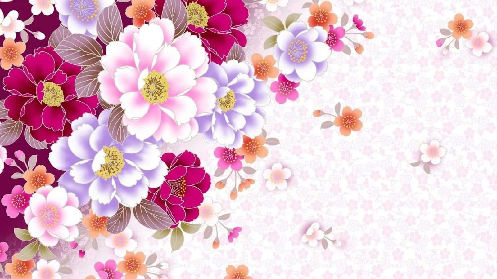 Abstract Rose 桌布 壁紙 — 一束充滿活力的粉紅色、紫色和橙色花朵，帶有黃色花心，以對角線方式傾瀉在柔和的粉紅色紋理背景上。