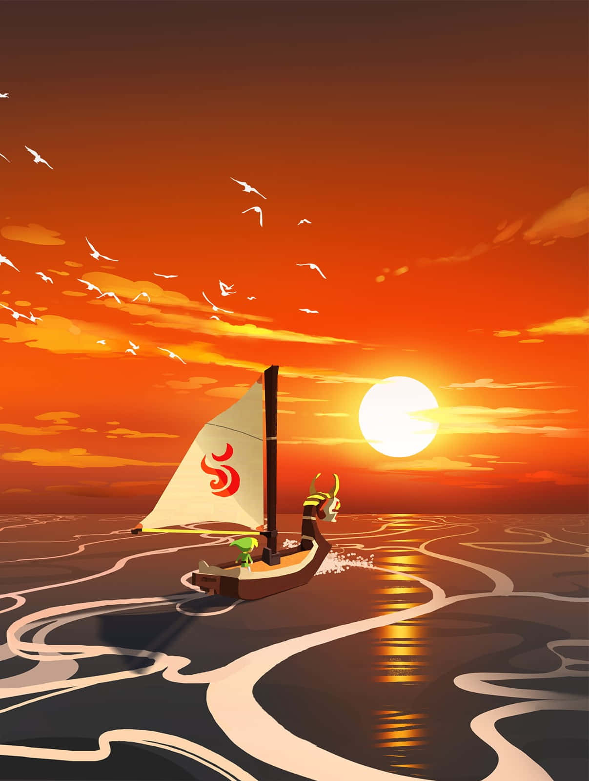 The Legend Of Zelda The Wind Waker 桌布 壁紙 — 一艘帶有紅色火焰標誌的風格化帆船，在日落時分滑過超現實的海洋，鳥兒在熾熱的橙色天空中翱翔。