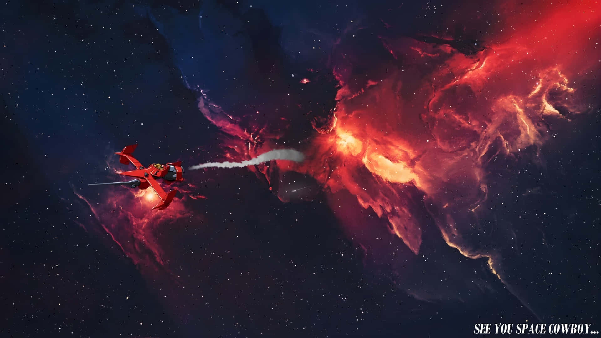  壁紙 — 一艘紅色太空船衝過熾熱星雲，在繁星宇宙背景下留下一道白色軌跡。
