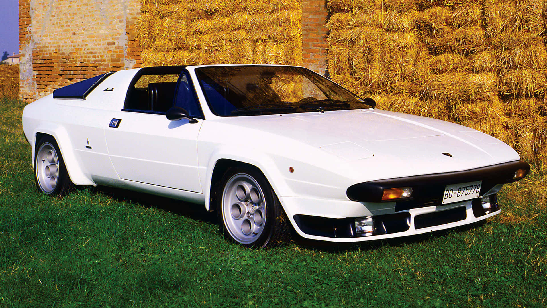 Lamborghini Silhouette 桌布 壁紙 — 一輛純白色的林寶堅尼 Jalpa 跑車停泊在綠色草地上，旁邊有金色乾草捆和磚牆。