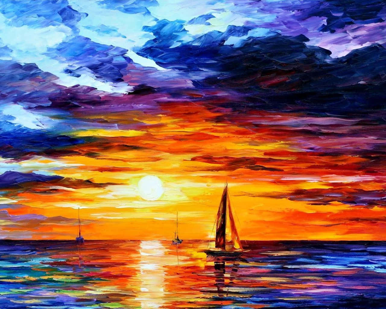 Sunset Painting 桌布 壁紙 — 一艘帆船在日落時分滑過充滿活力的海洋，火橙色和深藍色的天空倒映在水中。