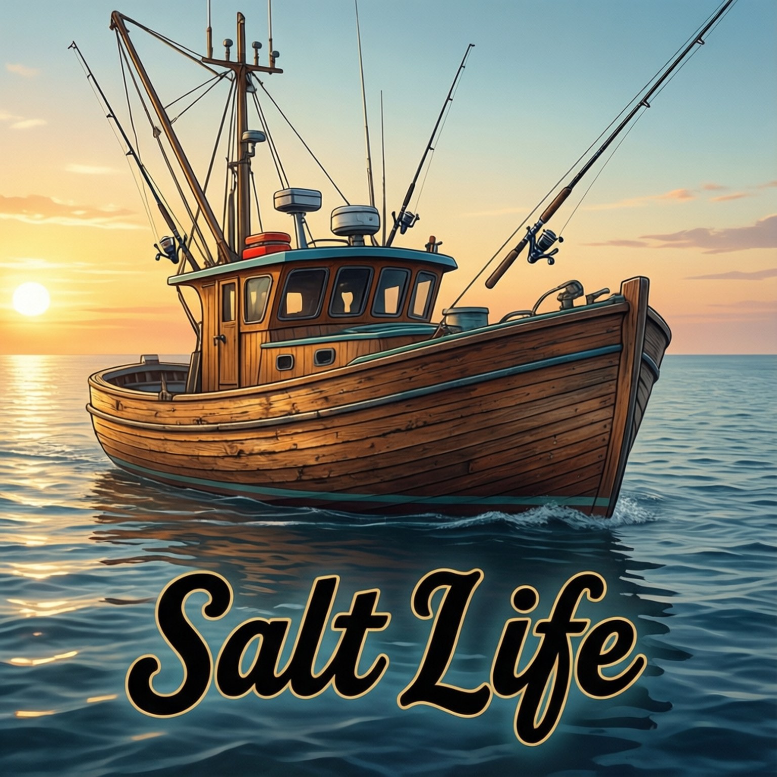 Salt Life 桌布 壁紙 — 一艘木製漁船在日落時分平靜的海面上滑行，溫暖的金色光芒映照在波浪上。