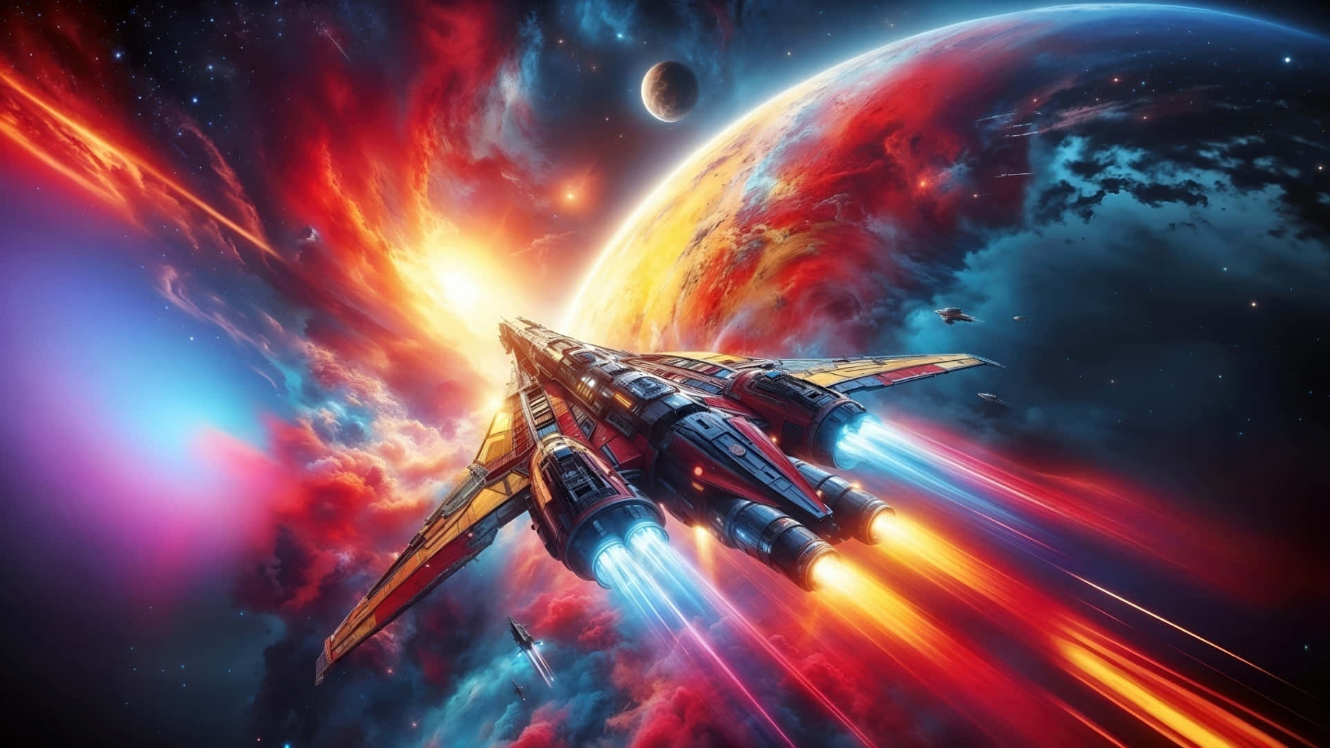  壁紙 — 一艘時尚的太空船衝過充滿活力的星雲，熾熱的軌跡掠過一顆巨大的紅色和藍色行星。