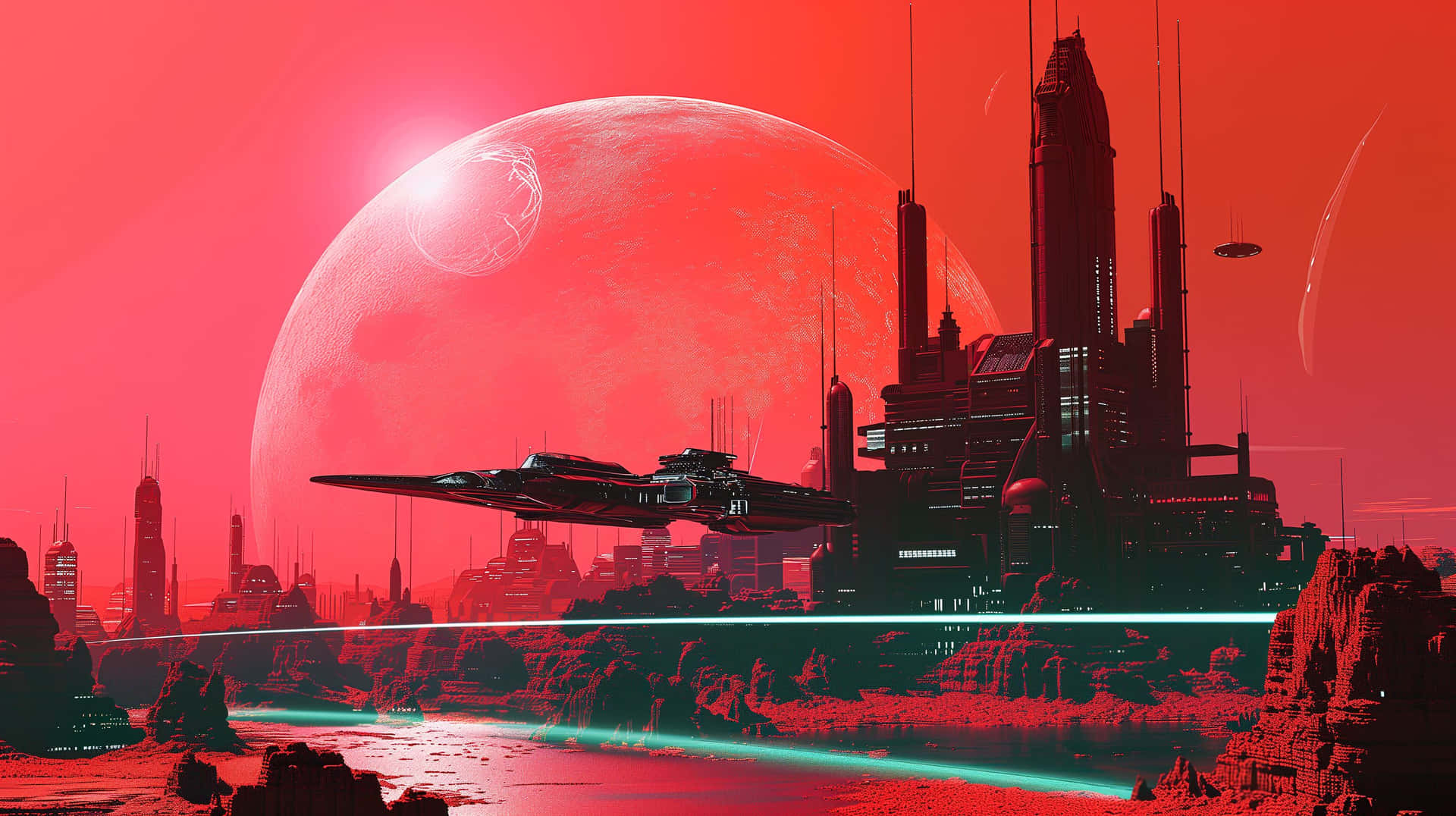  壁紙 — 一艘未來風格的太空船在巨大紅色行星下的霓虹外星城市景觀上空滑翔。