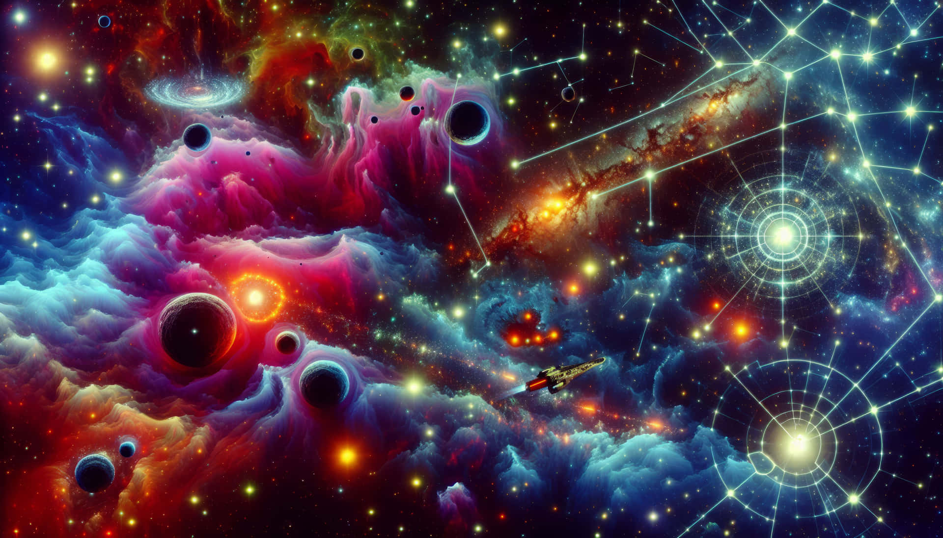 壁紙 — 一艘宇宙飛船在繁星星座下飛過充滿活力的星雲和發光的星系。